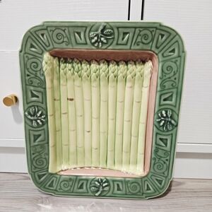 Vintage 1970s Classic Majolica Hand Painted Stoneware Asparagus Tray
